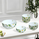 White Floral Print 7-Piece Fine Porcelain Dessert & Pudding Set | Gold Lining | Elegant Gift Box